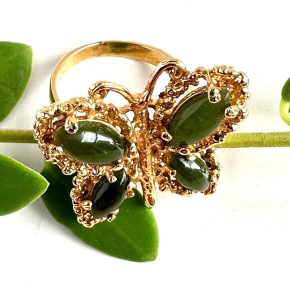 Gold Plated Butterfly Ring, Nephrite Jade Cabochons, Size 6.5, Statement Ring - Picture 2 of 10